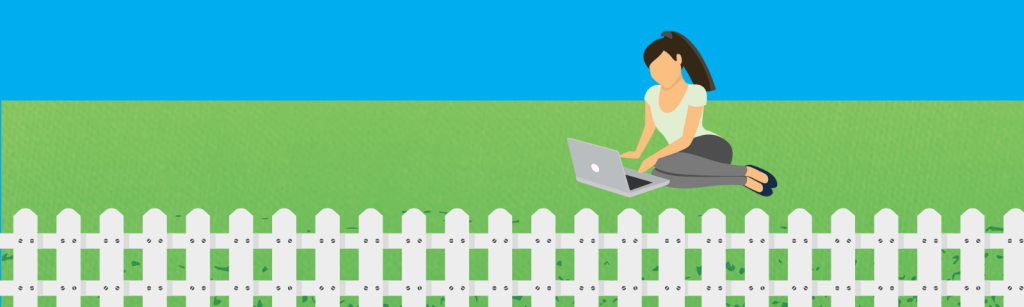 leadership-and-resilience-boundaries-banner Illustration of a woman working from a laptop. She is sitting in a meadow behind a white fence representing healthy boundaries.