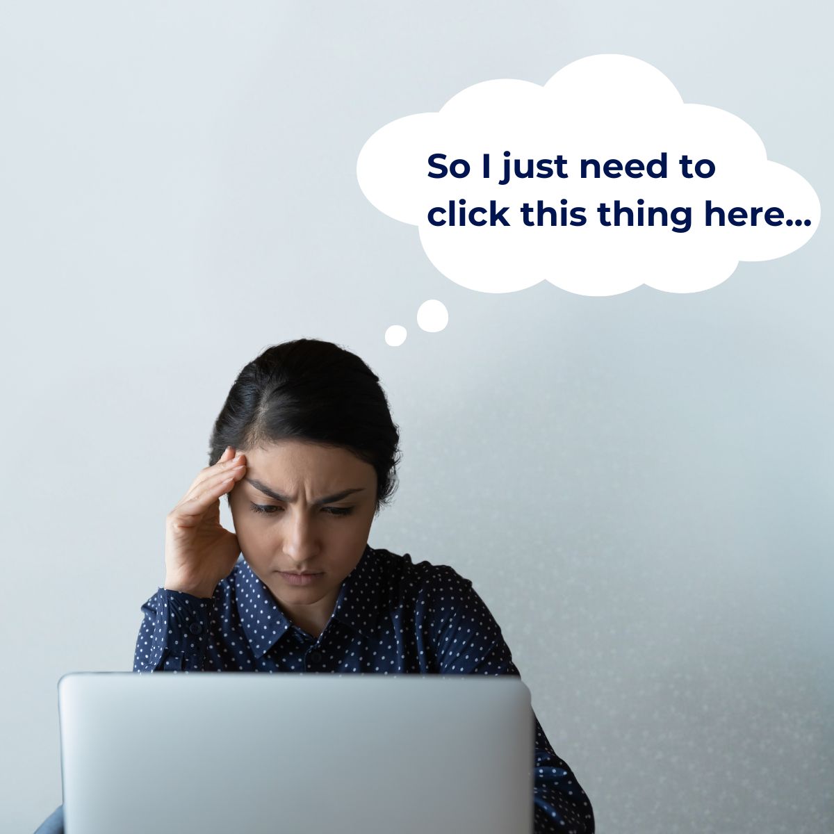 how-do-i-make-a-pivot-table-1b Comic strip panel 2: The woman looks determined, she thinks "So I just need to click this thing here..."