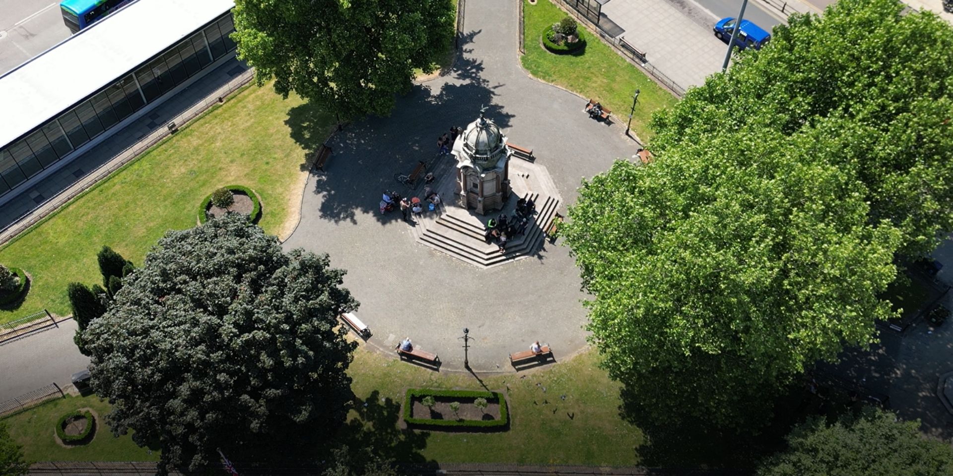 Aerial photo of green space in Bury town centre