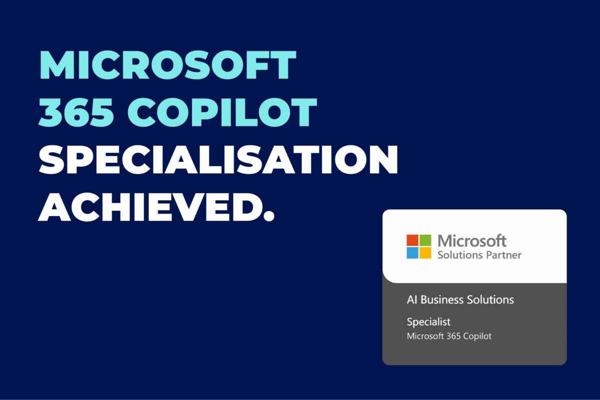 Microsoft365-Copliot-specialisation-news “Microsoft 365 Copilot Specialisation Achieved,” with a Microsoft Solutions Partner for Business Applications badge.